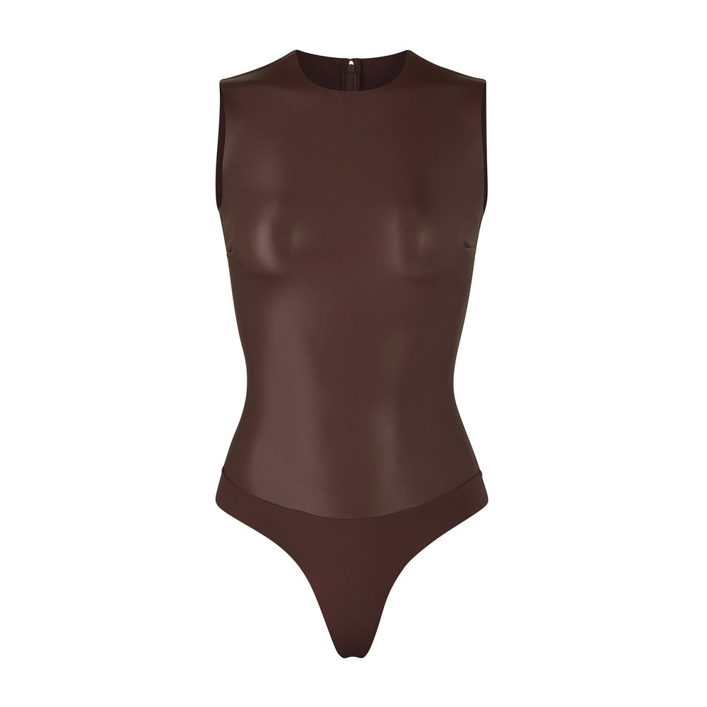Crew Neck Bodysuit Skims FAUX LEATHER Chocolat | 943UYJDGR