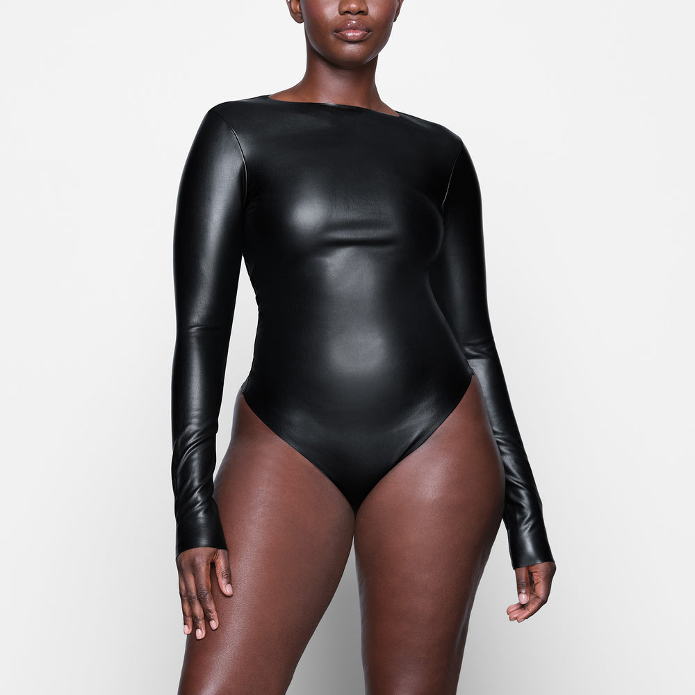Long Sleeve Bodysuit Skims FAUX LEATHER Noir | 274SPZDKE