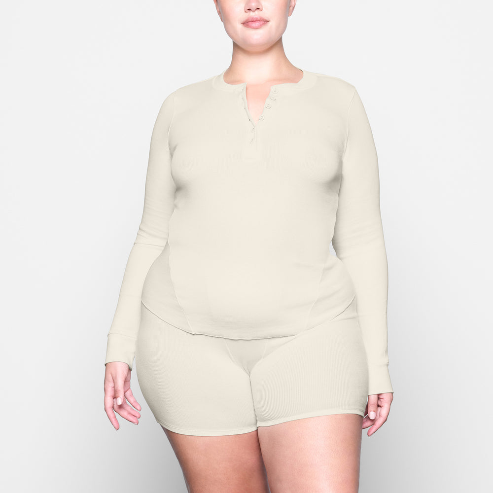 T-shirt Skims COTTON RIB HENLEY LONG SLEEVE Blanche | 701ZXCIOP