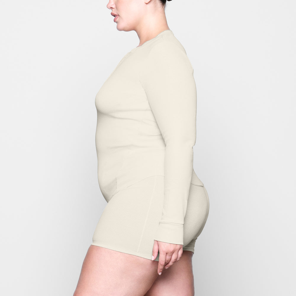 T-shirt Skims COTTON RIB HENLEY LONG SLEEVE Blanche | 701ZXCIOP