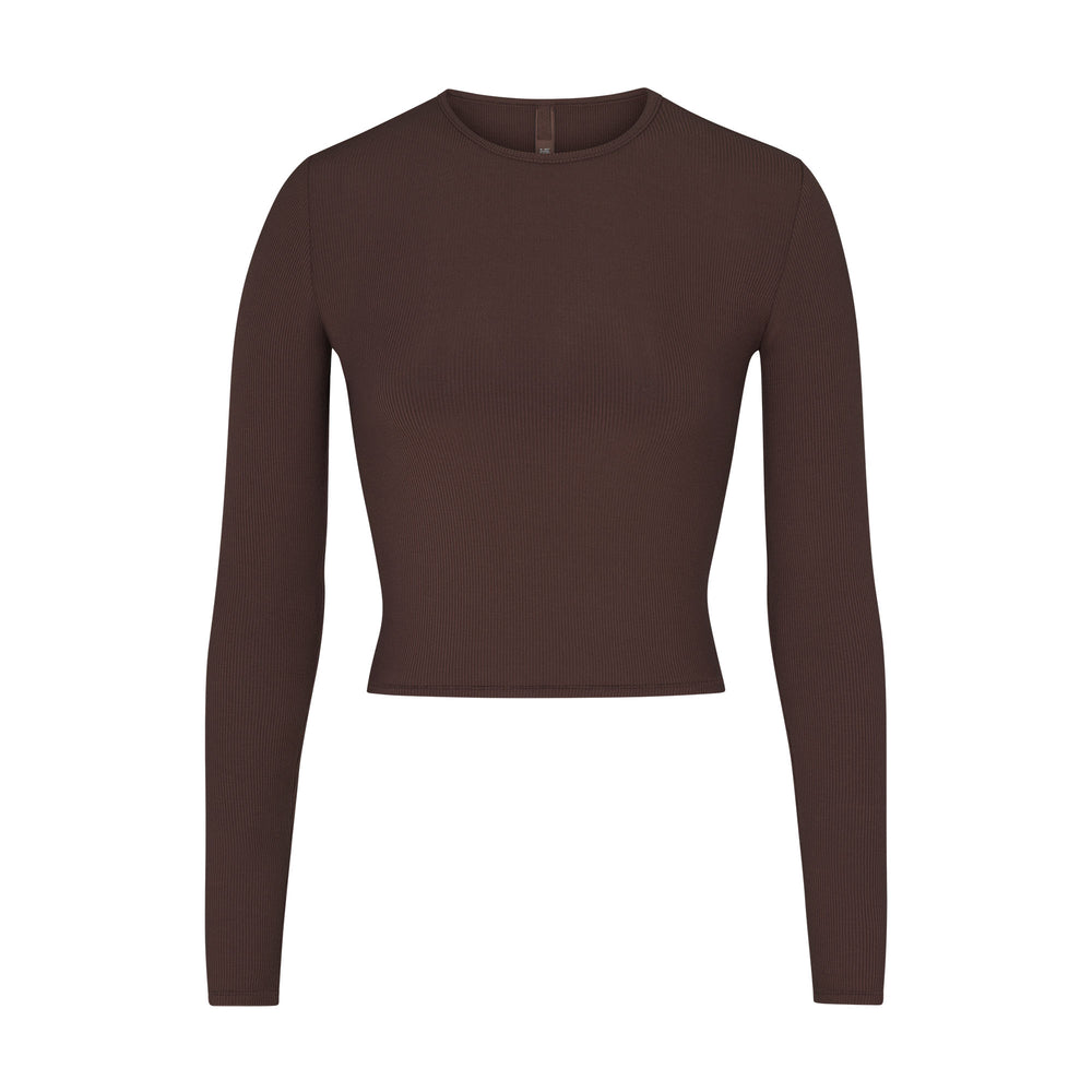 T-shirt Skims SOFT LOUNGE LONG SLEEVE CROP TOP Chocolat | 264VZJWFX