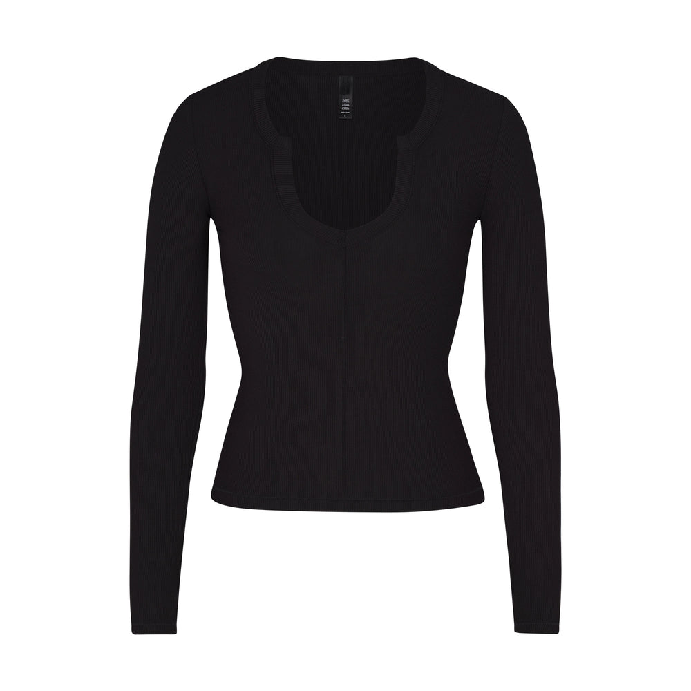 T-shirt Skims SOFT LOUNGE SPLIT NECK LONG SLEEVE Noir | 519MAKVCZ