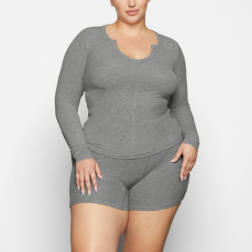 T-shirt Skims SOFT LOUNGE SPLIT NECK LONG SLEEVE Grise | 862GFSZLK