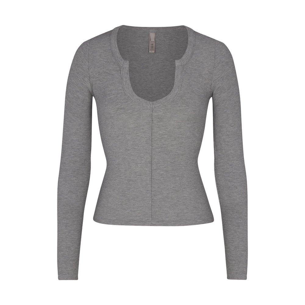 T-shirt Skims SOFT LOUNGE SPLIT NECK LONG SLEEVE Grise | 862GFSZLK