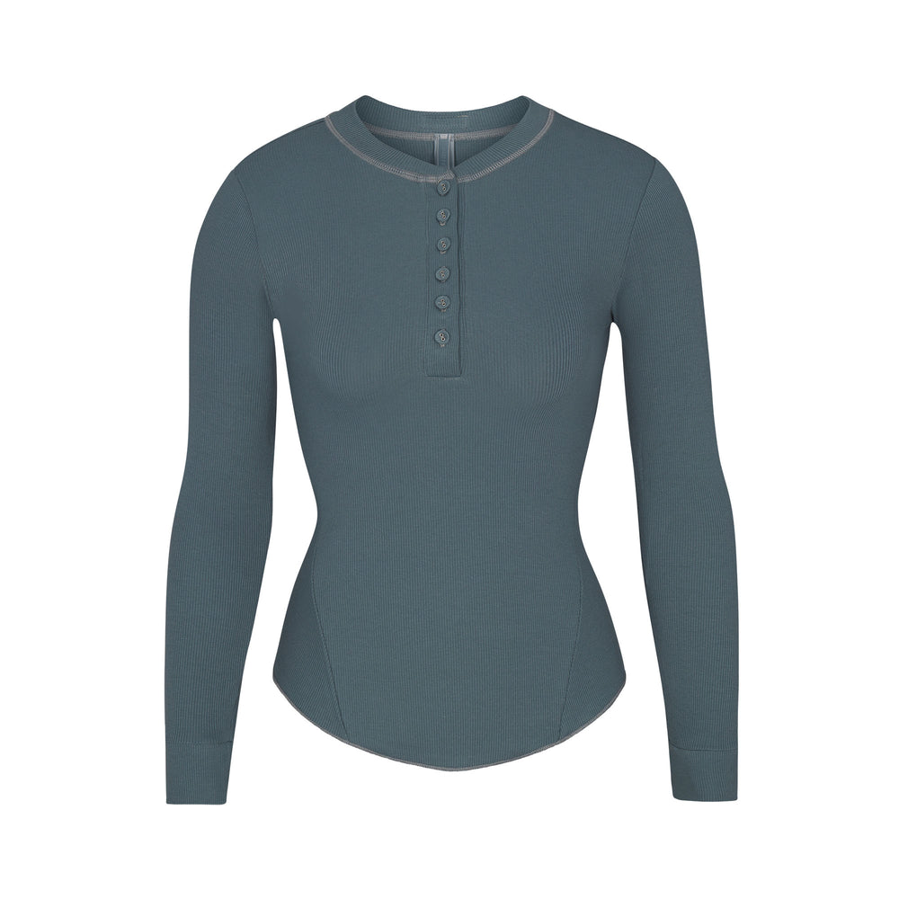 T-shirt Skims COTTON RIB HENLEY LONG SLEEVE Bleu | 063UGBLPK