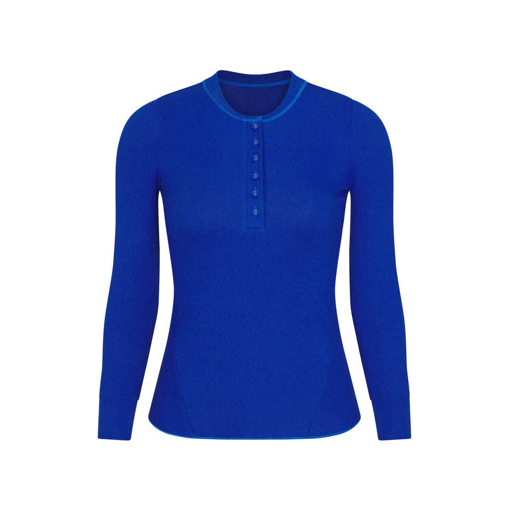 T-shirt Skims COTTON RIB HENLEY LONG SLEEVE Bleu | 546WKGJIX