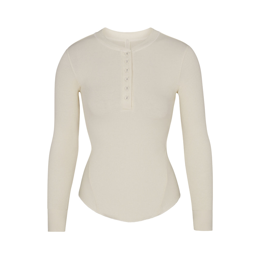 T-shirt Skims COTTON RIB HENLEY LONG SLEEVE Blanche | 701ZXCIOP