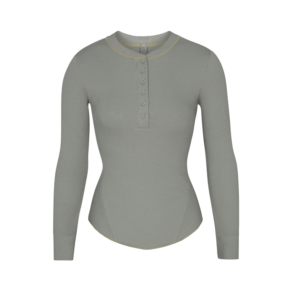 T-shirt Skims COTTON RIB HENLEY LONG SLEEVE Bleu | 860OPTUVF