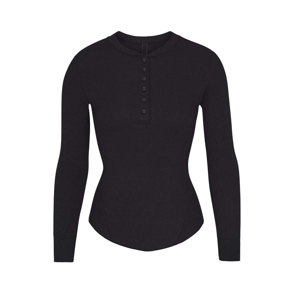 T-shirt Skims COTTON RIB HENLEY LONG SLEEVE Noir | 872BRNWOC