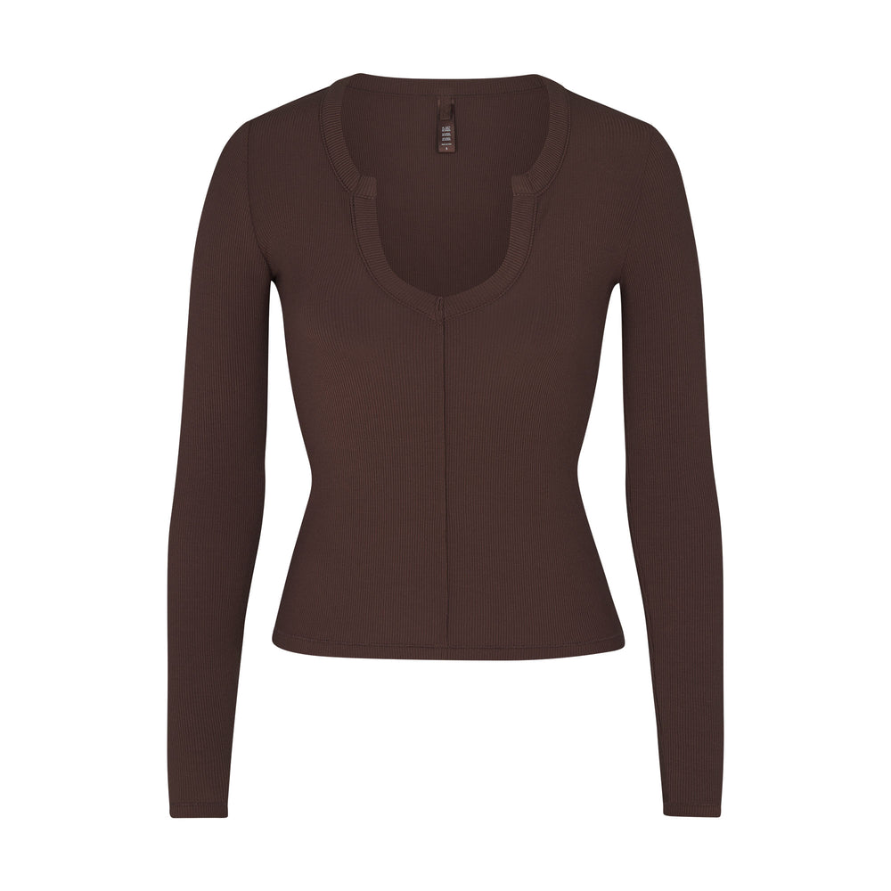 T-shirt Skims SOFT LOUNGE SPLIT NECK LONG SLEEVE Chocolat | 915YSBHWE